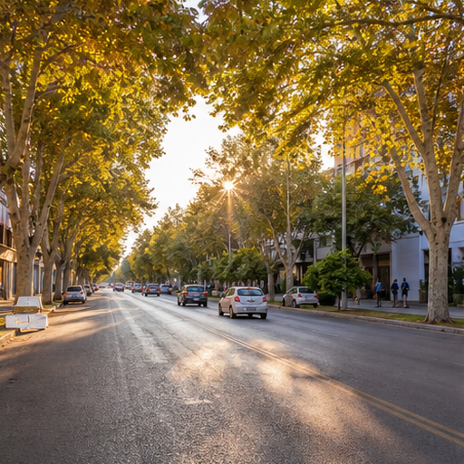 Avenida arbolada al atardecer